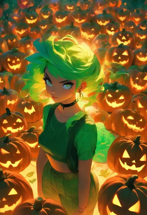 a woman with green hair standing in front of pumpkins, lois van baarle and rossdraws, artgerm and lois van baarle, artgerm and rossdraws, rossdraws cartoon vibrant, beautiful succubus, ross tran style, rossdraws 2. 5, inspired by Ross Tran, halloween art s...