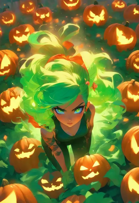 a woman with green hair standing in front of pumpkins, lois van baarle and rossdraws, artgerm and lois van baarle, artgerm and rossdraws, rossdraws cartoon vibrant, beautiful succubus, ross tran style, rossdraws 2. 5, inspired by Ross Tran, halloween art s...