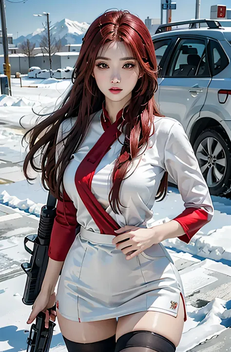 Photorealistic, high resolution, 1womanl, Solo, Hips up, view the viewer, (Detailed face),Red hair, Long hair, Nurse outfit, Stockings，Snow background, Girl aiming AK-47 assault rifle