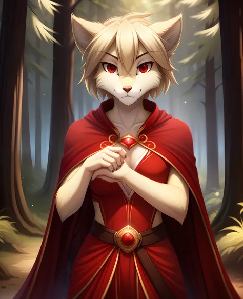 Clovis , Clovis (twokinds), by tom_fischbach,, (best quality, masterpiece:1), solo, furry female anthro, red eyes, short hair, blond hair , portrait, fingers, finger claws, looking at viewer, tail, ear raised, (outdoors dark forest trees blurry blurred bac...