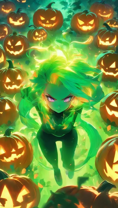 woman with green hair standing in front of pumpkins, lois van baarle and rossdraws, artgerm and lois van baarle, artgerm and rossdraws, rossdraws cartoon vibrant, beautiful succubus, ross tran style, rossdraws 2. 5, inspired by Ross Tran, halloween art sty...