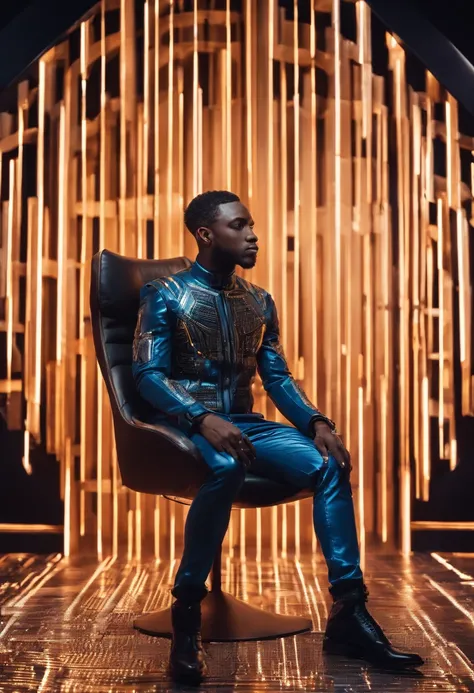 jeune homme noir africain, Wearing modern singing artist clothes sitting in an armchair, Very realistic abstract studio photo background, fantaisique, Shot with a professional camera with moderate depth of field, corps complet