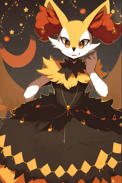 1girl, master part, best quality, Braixen, Pokémon, raposa,  cidade, circunstanciado, Focinho curto, orelhas fofas, Cauda Grande, [olhos vermelhos], Olhos detalhados, luz ambiente, Halloween setting, Busto grandes, fantasia de bruxa