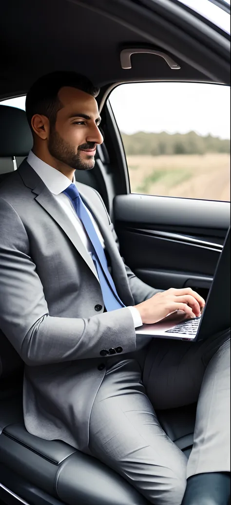 arafed man in a suit using a laptop in a car,