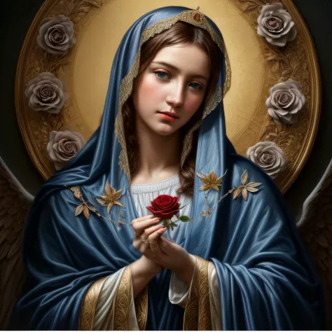 Holy VIRGIN MARY MYSTICAL ROSE, SWEET AND INNOCENT ANGELIC GAZE, (((PERFECT HANDS))) ultra detailed artistic photography, midnight aura, night sky, detailed gorgeous face, dreamy, glowing, backlit, glamour, glimmer, shadows, oil on canvas, brush strokes, s...