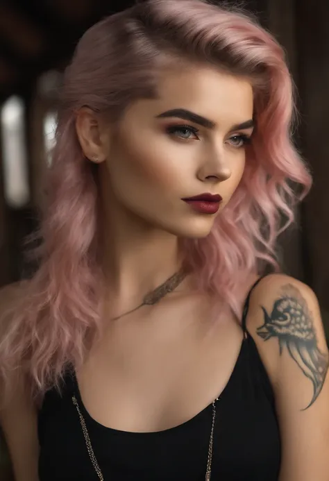 (qualidade superior、8k、32k、obra prima、NFFSW:1.3)、(Fotorrealista:1.4),Garota punk de 18 anos,Um olhar detalhado、Um rosto detalhado,Cabelo punk maluco,Moda punk radical,Tampos、Maquiagem maluca、Um cabelo rosa,、tatuagens no corpo,、rua Fundo、Efeito de luz de fu...