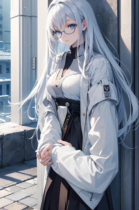 masterpiece, highlydetailed, ultra-detailed, cold, solo, (1woman), (pale skin), icyblue eyes, frosty white hair, young lady, medium breasts, goddess, cool kuudere woman, (sci-fi), (modern casual clothes), sleepy, lazy, flat expression, (polite clothes), (c...