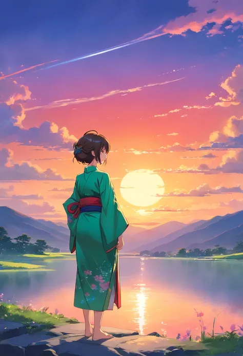 Beautiful landy in a kimono looking over the horizon, dazzling sunset clear Lake , mesmerizing landscape beautiful scenery, light trails, red kimono, green pasture