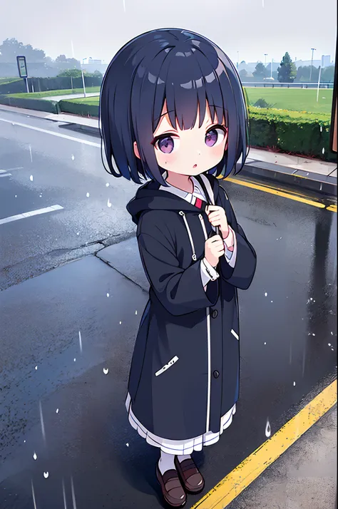 photo of a little girl with an umbrella on a rainy day、umbrellas are great、bustup、eye up、the road surface is wet、she's singing