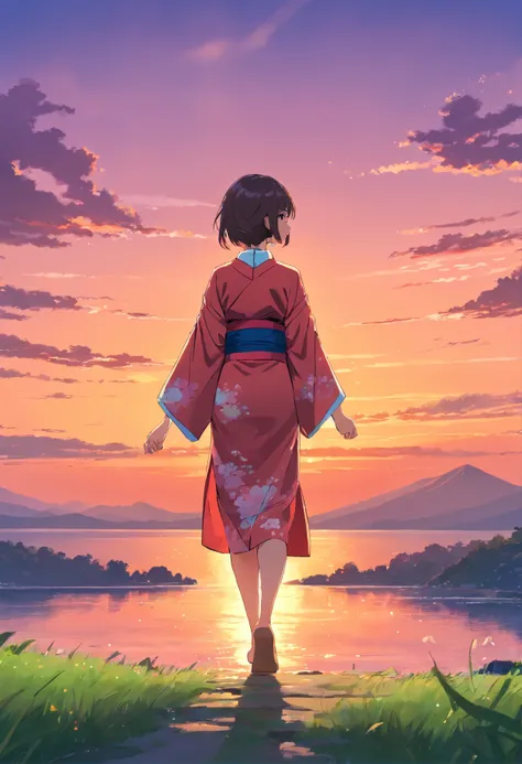 Beautiful landy in a kimono looking over the horizon, dazzling sunset clear Lake , mesmerizing landscape beautiful scenery, light trails, red kimono, green pasture