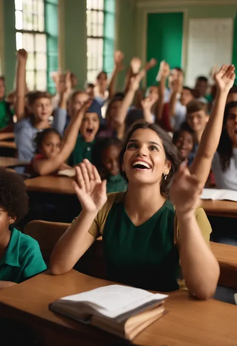 Gere uma cena de sala de aula com um professor explicando um problema complexo no quadro-negro, as students raise their hands eagerly to respond.