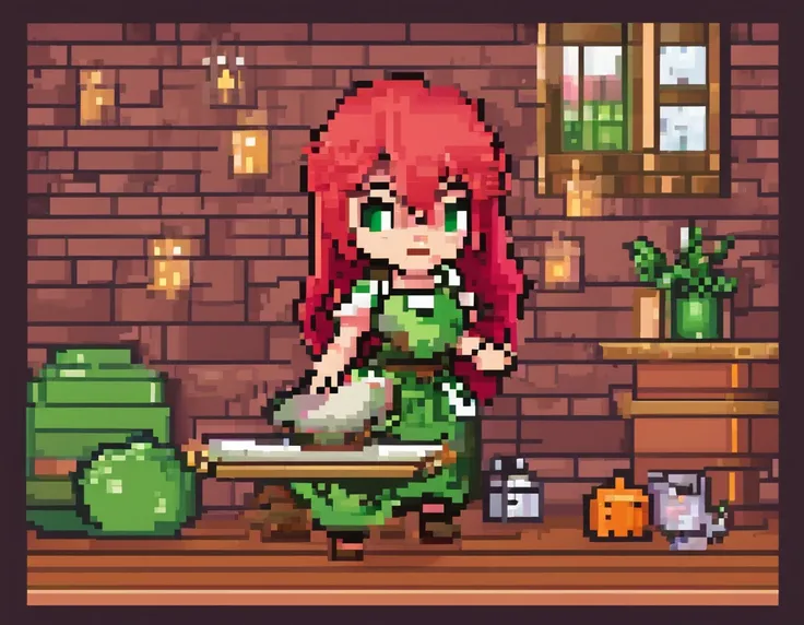 A little witch preparing a portion, red hair, green eyes, pink clothes. Chibi, childrens illustrated book,
​