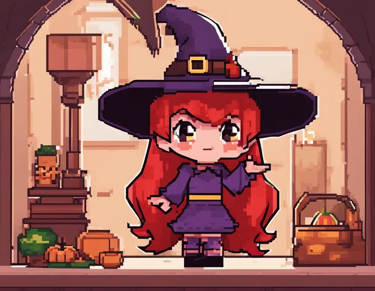 A little witch preparing a portion, red hair, green eyes, pink clothes. Chibi, childrens illustrated book,
​