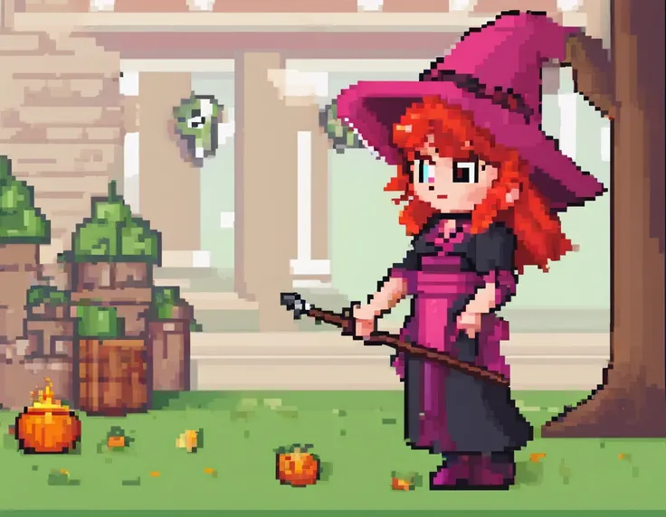 A little witch preparing a portion, red hair, green eyes, pink clothes. Chibi, childrens illustrated book,
​