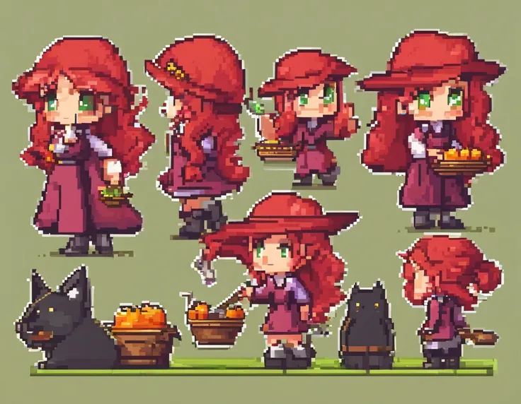 A little witch preparing a portion, red hair, green eyes, pink clothes. Chibi, childrens illustrated book,
​