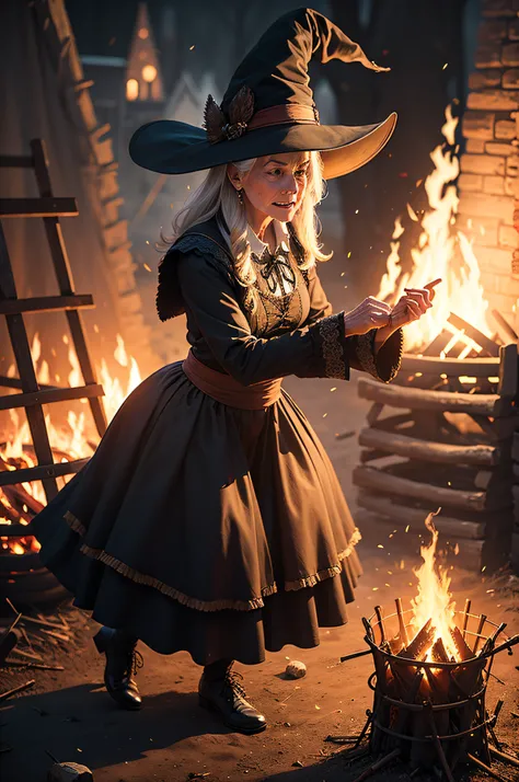 very old witch dancing outside the bonfire