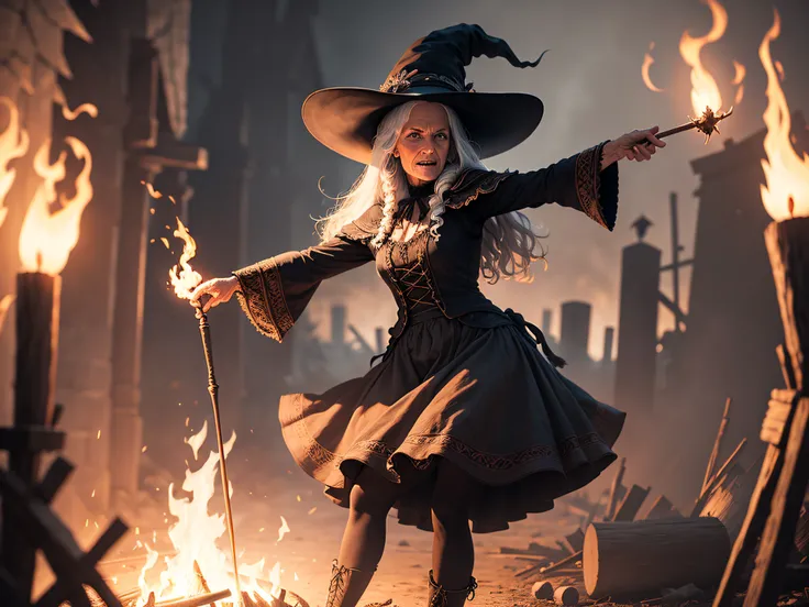 very old witch dancing outside a bonfire holding a wand in her hand