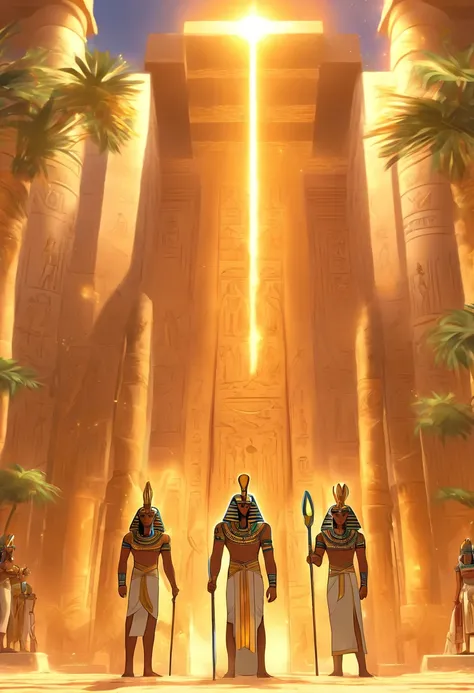 (((Egyptian Gods)))best quality, ultra-high resolution, 4K detailed CG, master piece, divine court, judgment, egyptian gods, egyptian mythology, egyptian temple, egyptian palace, egyptian clothing, palm trees, desert, aesthetics, Beautiful image, centered ...