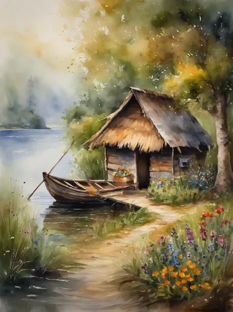 There are a old hut beside the river, a fishing boat near hut over the water, ducklings are swimming near the boat, flowers are blooming beside the hut, an old man smoke and sitting in front of the hut.