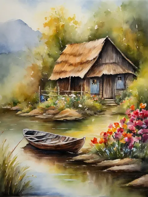 There are a old hut beside the river, a fishing boat near hut over the water, ducklings are swimming near the boat, flowers are blooming beside the hut, an old man smoke and sitting in front of the hut.