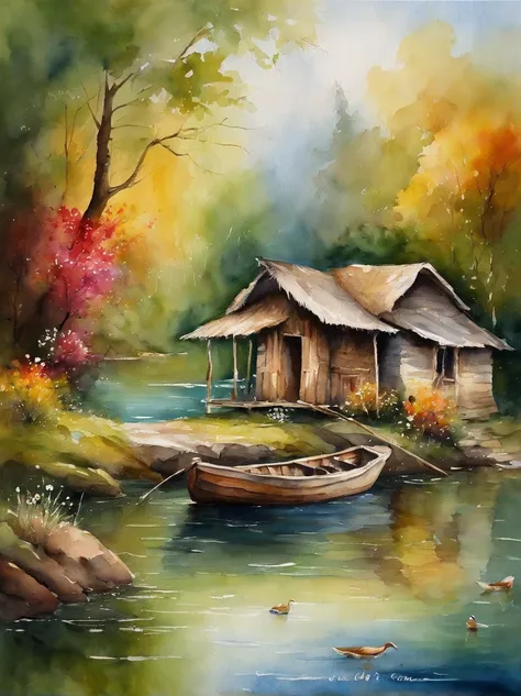 There are a old hut beside the river, a fishing boat near hut over the water, ducklings are swimming near the boat, flowers are blooming beside the hut, an old man smoke and sitting in front of the hut.