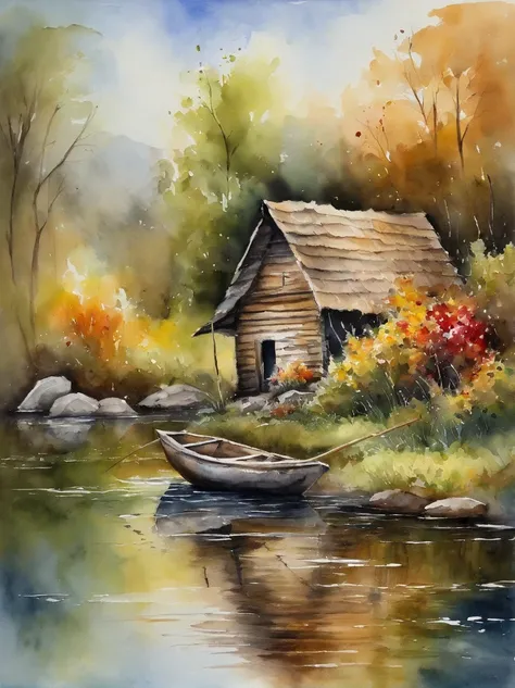 There are a old hut beside the river, a fishing boat near hut over the water, ducklings are swimming near the boat, flowers are blooming beside the hut, an old man smoke and sitting in front of the hut.