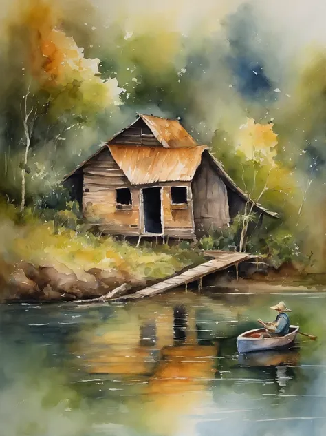 There are a old hut beside the river, a fishing boat near hut over the water, ducklings are swimming near the boat, flowers are blooming beside the hut, an old man smoke and sitting in front of the hut.