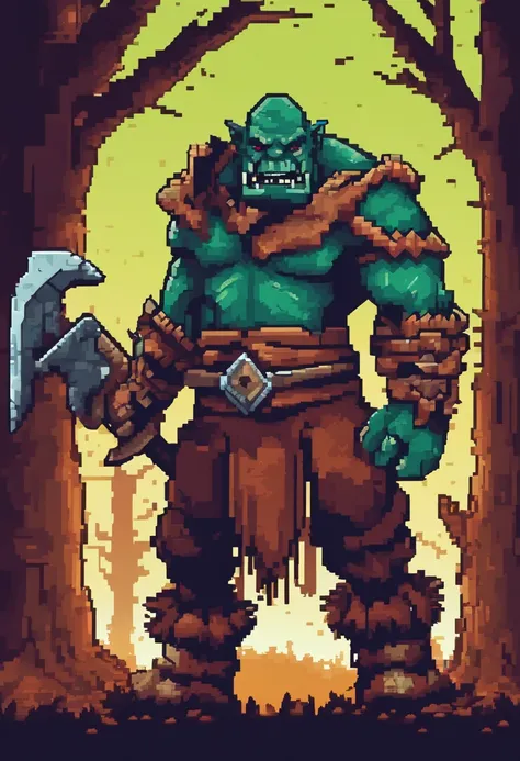 Um orc, feroz, Presas Expostas, With a giant axe in hand, fundo do campo de floresta a noite, fantasmas, desenho 2D, High definition, 4k