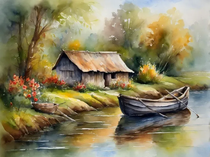 There are a old hut beside the river, a fishing boat near hut over the water, ducklings are swimming near the boat, flowers are blooming beside the hut, an old man smoke and sitting in front of the hut.