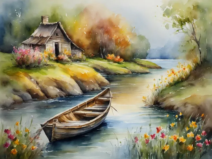 There are a old hut beside the river, a fishing boat near hut over the water, ducklings are swimming near the boat, flowers are blooming beside the hut, an old man smoke and sitting in front of the hut.