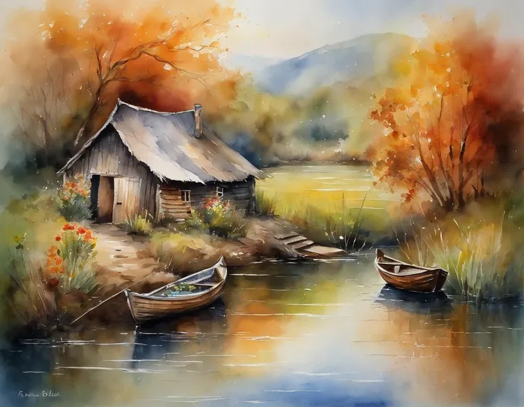 There are a old hut beside the river, a fishing boat near hut over the water, ducklings are swimming near the boat, flowers are blooming beside the hut, an old man smoke and sitting in front of the hut.