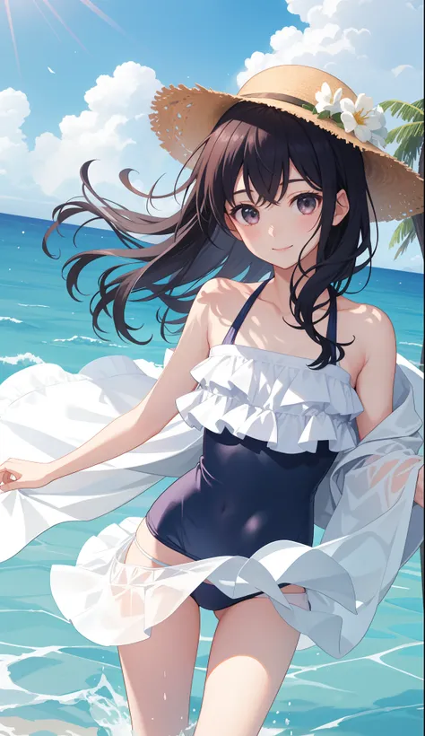 1girl in、AS-Adult、A smile、sea side、suns、the wind、Cute swimsuit、Upper body portrait、