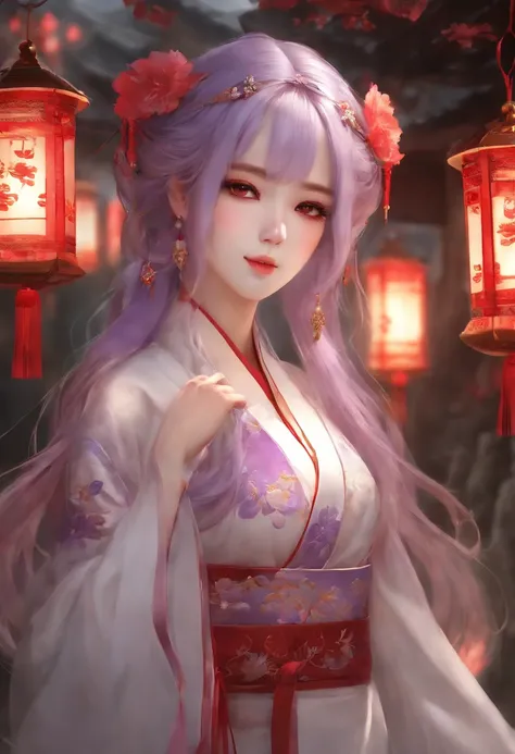 (bestquality:1.4), high-res, masterpiece,, 1girls,, light purple hair, purple eyes, (kemomimi), mediuml breasts, Bare and thin thighs,, Hair ornaments, (red|Hanfu clothes japanese white), detached sleeves,, red face,, lamp, shelter,, detailed face,