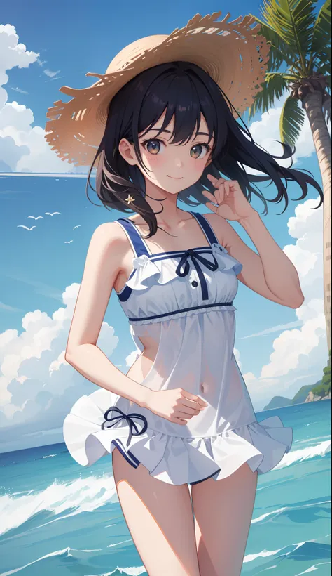 1girl in、AS-Adult、A smile、sea side、suns、the wind、Cute swimsuit、Upper body portrait、