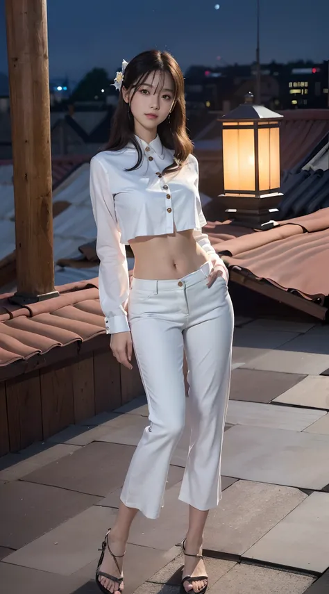 ((midynight, Need, 8K, tmasterpiece:1.3)), full bodyesbian, Long legs, Focalors:1.2, Skinny beauty:1.4, Slim abs:1.1, ((Medium long straight hair，Dark brown hair, mediuml breasts:1.2 )), (White loose button shirt，Low-rise washed blue flared trousers,detail...