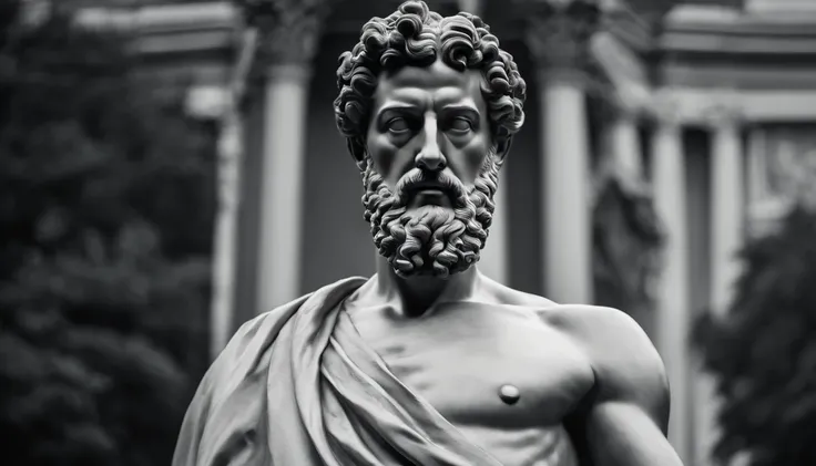 a portrait statue of the stoic Marcus Aurelius in black and white 4K,with muscles, Face de lado, papel de parede super realista