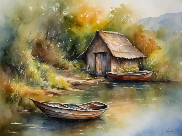 There are a old hut beside the river, a fishing boat near hut over the water, ducklings are swimming near the boat, flowers are blooming beside the hut, an old man smoke and sitting in front of the hut.