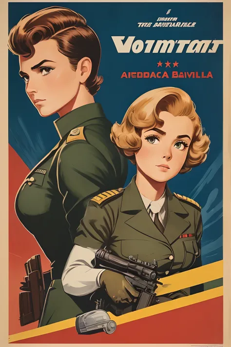 Arte Inspirada John Buscema, World War II poster, vemos uma cadete feminina segurando um morteiro, uniforme militar perfeita, short hair up to the shoulders, cor ruiva, olhos verdes claros, seios pequenos, corpo delgado, imponente no campo de batalha, Cann...