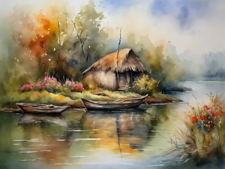 There are a old hut beside the river, a fishing boat near hut over the water, ducklings are swimming near the boat, flowers are blooming beside the hut, an old man smoke and sitting in front of the hut.