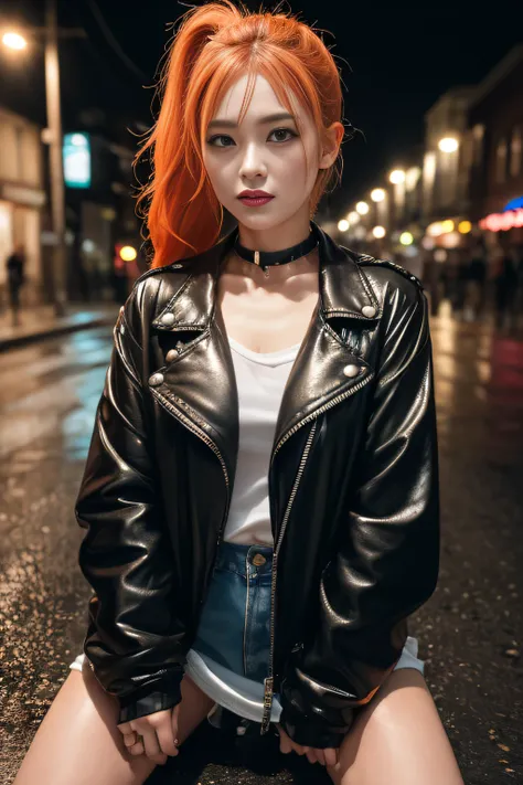 sologirl,Very heavy rain,Back alley at night,Drenched tomboy,piercings,Punk rock fashion,Open jacket with chain,Punk rock shirts,Punk rock pants with chain,Chain Accessories,a choker,(The whole body is soaking wet,Rainwater dripping from the face,Wet face,...