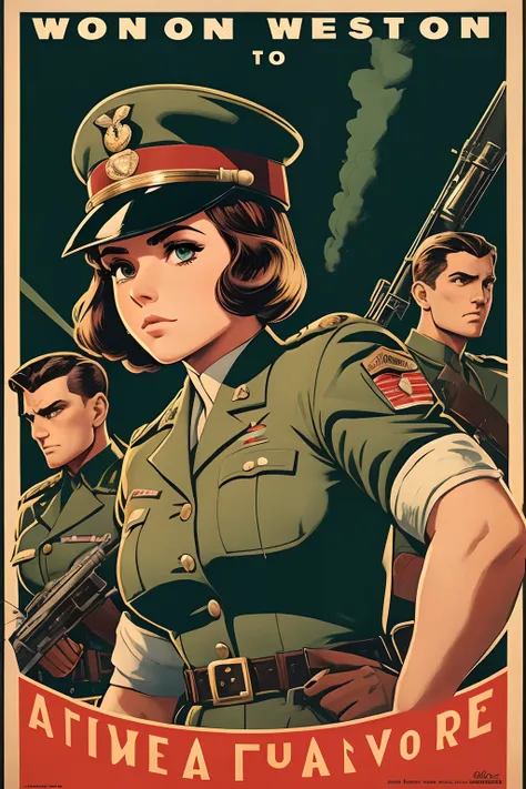 arte inspirada john buscema, world war ii poster, vemos uma cadete feminina segurando um morteiro, uniforme militar perfeita, sh...