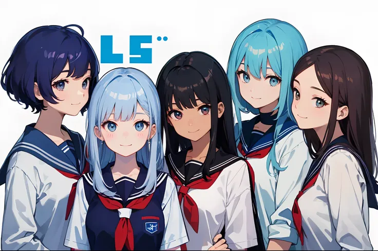 ​masterpiece、top-quality、detaile、hight resolution、extremely delicate and beautiful、Blue-haired、simple background、upper body closeup、beutiful breast、hi-school girl、a sailor suit、校服、student clothes、Smile、multiple female、5 women、4 females、3 women、