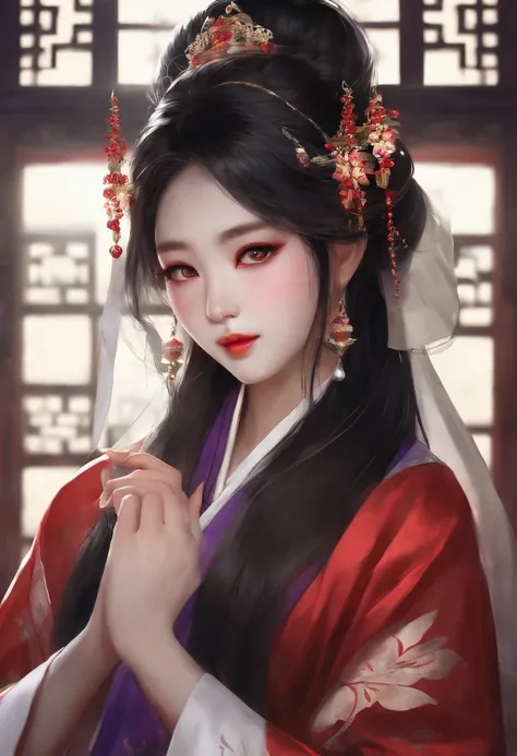 (bestquality:1.4), high-res, masterpiece,, 1girls,, Black Hair, purple eyes, (kemomimi), mediuml breasts, ,, Hair ornaments, (black|White Hanfu Clothing), detached sleeves,, red face,, lamp, shelter,, detailed face, ancient china