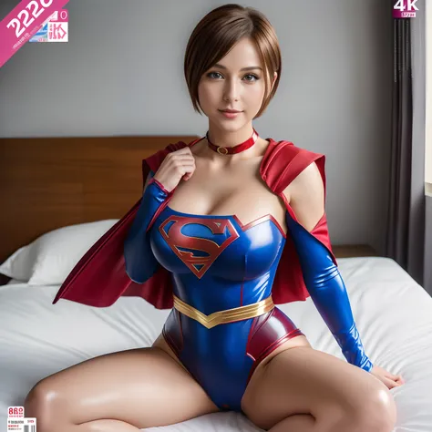 (Best Quality,4K,8K,hight resolution,masutepiece:1.2),Ultra-detailed,Realistic:1.37,Super masterpiece,Short-haired Supergirl sitting on bed、large full breasts、Looking at the camera、Glossy costume、a choker、bare-legged、Weekly magazine cover、Cheerful pose