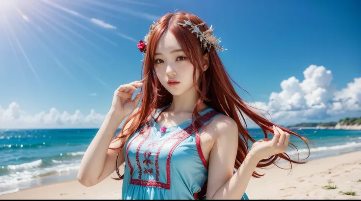 Masterpiece，Best quality，Dance charm，Girl，red tinted hair，Long hair，hair adornments，Sign shape pupil，Sky blue clothes，Beach jumping （Simple background：0.5），（kbxll：0.6）