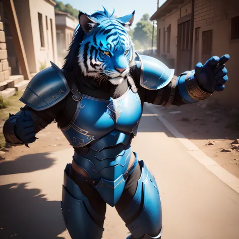 Cute blue tiger warrior in realistic 4K armor, full entire body,Super Detailed, Vray Display, Unrealistic engine, Midjourney Art Style.