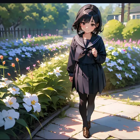 (Best Quality, hight resolution, Ultra-detailed, Realistic:1.37), peaceful ambiance, (plein air, garden), Teenage girl standing alone, Beautiful detailed features, Cute smile, ((Black bob hair)),Navy blue sailor suit, Pleated skirt,Black tights,Brown leath...