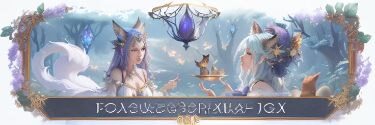 ((masterpiece)), (8k, high_resolution), (best quality), ultra-detailed, a close up of a woman in a dress with a cat on her head, fae wilds sky, fogy, fey, foxy, fantasy mmo, feywild, ethereal fox, fog!, mmorpg fantasy, new character, exotic fey features, d...