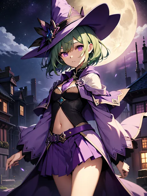 top-quality、extremely delicate and beautiful、(A teenage girl)、Purple Eye、Green hair、short-haired、(purple witch hat)、Purple tie、Soio、shortsleeves、Purple skirt、Purple Wizard Robe、Navel、is standing、Full moon night on background