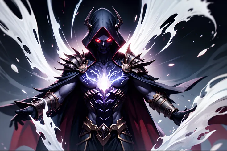 Thanatos ,The god of death walks through,(male), (with blue ghost fire around), red eyes, wearing black cloak, in the dark, death area, glassy eyes, purple fire ,dark element, anime, high detail, chiaroscuro, depth of field, cinematic lighting, sparkle, ra...